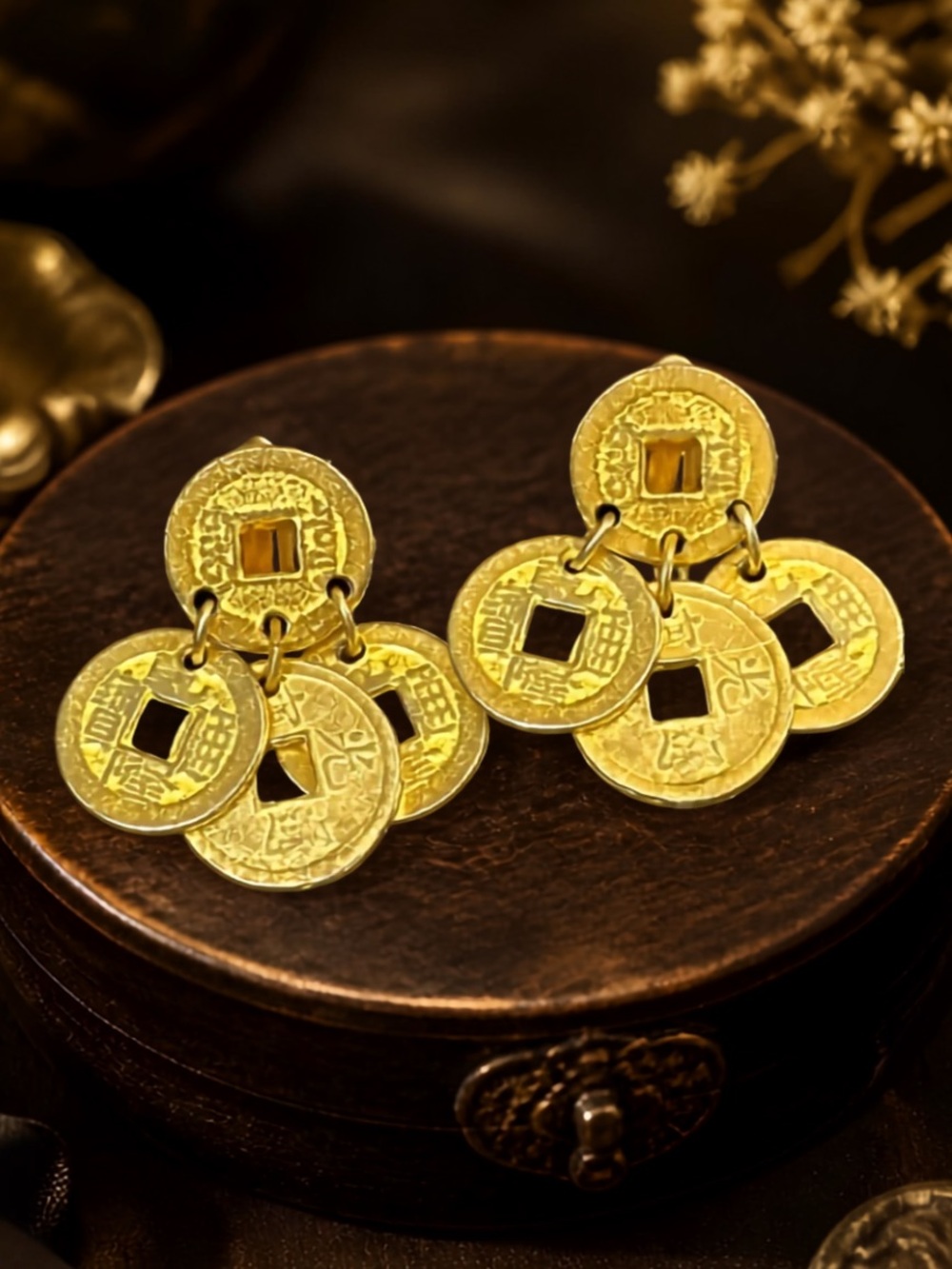 Vintage 1970s Kenneth Lane Chinese Coin Chandelier Clip Earrings Rare 1772